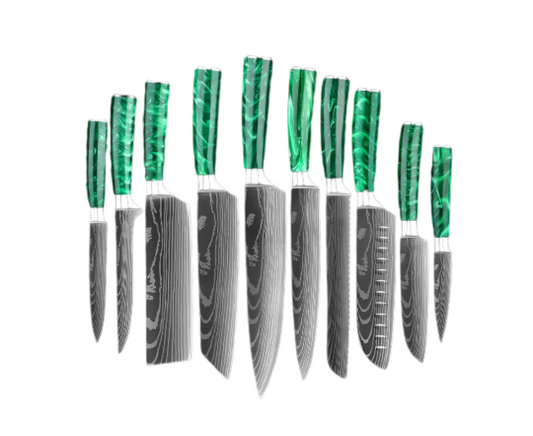 Stainless Steel Kitchen Knife Set with Green Resin Handle